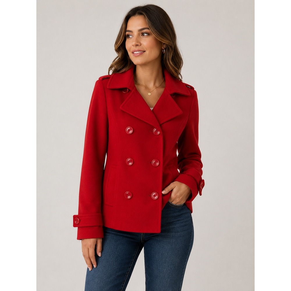 Forever 21 Womens Red Double Breasted Pea Coat Notched Collar Jacket RN94981